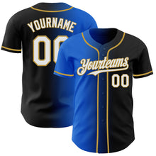 Load image into Gallery viewer, Custom Black White Thunder Blue-Old Gold Authentic Gradient Fashion Baseball Jersey