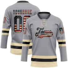 Load image into Gallery viewer, Custom Gray Vintage USA Flag Black-Cream Hockey Lace Neck Jersey