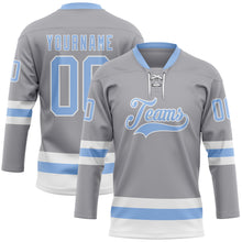 Load image into Gallery viewer, Custom Gray Light Blue-White Hockey Lace Neck Jersey