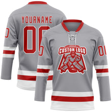 Load image into Gallery viewer, Custom Gray Red-White Hockey Lace Neck Jersey
