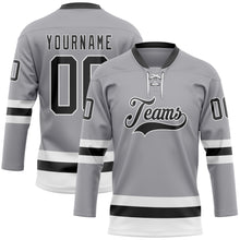 Load image into Gallery viewer, Custom Gray Black-White Hockey Lace Neck Jersey