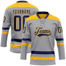 Load image into Gallery viewer, Custom Gray Navy-Gold Hockey Lace Neck Jersey