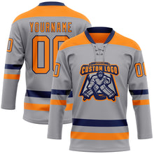 Load image into Gallery viewer, Custom Gray Bay Orange-Navy Hockey Lace Neck Jersey