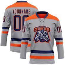 Load image into Gallery viewer, Custom Gray Navy-Orange Hockey Lace Neck Jersey