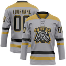 Load image into Gallery viewer, Custom Gray Black-Old Gold Hockey Lace Neck Jersey