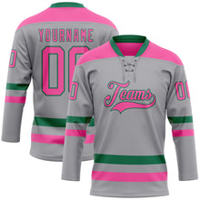 Load image into Gallery viewer, Custom Gray Pink-Kelly Green Hockey Lace Neck Jersey