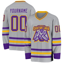 Load image into Gallery viewer, Custom Gray Purple-Gold Hockey Jersey