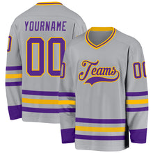 Load image into Gallery viewer, Custom Gray Purple-Gold Hockey Jersey
