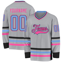 Load image into Gallery viewer, Custom Gray Light Blue Black-Pink Hockey Jersey