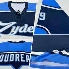 Load image into Gallery viewer, Custom Navy White-Powder Blue Hockey Lace Neck Jersey