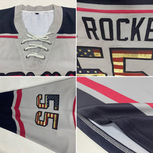 Load image into Gallery viewer, Custom Gray Vintage USA Flag Black-Crimson Hockey Lace Neck Jersey