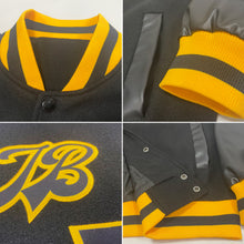 Load image into Gallery viewer, Custom Black Black-Gold Bomber Full-Snap Varsity Letterman Jacket