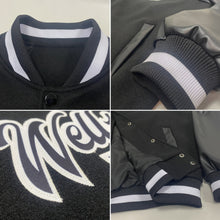 Load image into Gallery viewer, Custom Black Black-White Bomber Full-Snap Varsity Letterman Jacket