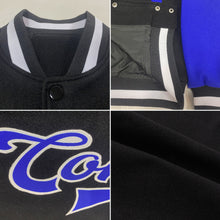 Load image into Gallery viewer, Custom Black Royal-White Bomber Full-Snap Varsity Letterman Two Tone Jacket