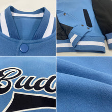 Load image into Gallery viewer, Custom Light Blue Black-White Bomber Full-Snap Varsity Letterman Two Tone Jacket