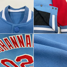 Load image into Gallery viewer, Custom Light Blue Red-White Bomber Full-Snap Varsity Letterman Two Tone Jacket