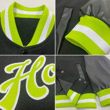 Load image into Gallery viewer, Custom Black Neon Green-White Bomber Full-Snap Varsity Letterman Jacket