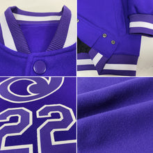 Load image into Gallery viewer, Custom Purple Purple-White Bomber Full-Snap Varsity Letterman Jacket