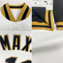 Load image into Gallery viewer, Custom White Black-Old Gold Bomber Full-Snap Varsity Letterman Two Tone Jacket