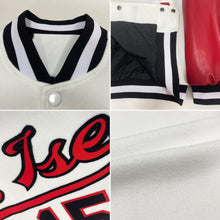 Load image into Gallery viewer, Custom White Black-Red Bomber Full-Snap Varsity Letterman Two Tone Jacket