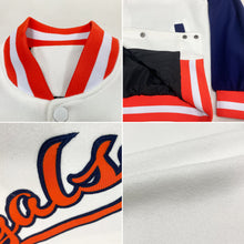 Load image into Gallery viewer, Custom White Orange-Navy Bomber Full-Snap Varsity Letterman Two Tone Jacket
