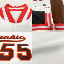 Load image into Gallery viewer, Custom White Brown-Orange Bomber Full-Snap Varsity Letterman Two Tone Jacket