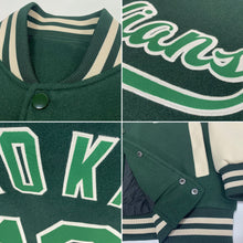 Load image into Gallery viewer, Custom Green Green-Cream Bomber Full-Snap Varsity Letterman Two Tone Jacket