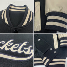 Load image into Gallery viewer, Custom Black Cream Bomber Full-Snap Varsity Letterman Two Tone Jacket