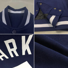 Load image into Gallery viewer, Custom Navy White Bomber Full-Snap Varsity Letterman Jacket