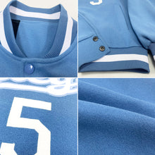 Load image into Gallery viewer, Custom Light Blue White Bomber Full-Snap Varsity Letterman Jacket