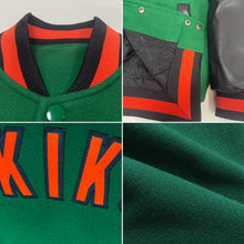 Load image into Gallery viewer, Custom Kelly Green Orange-Black Bomber Full-Snap Varsity Letterman Two Tone Jacket