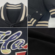Load image into Gallery viewer, Custom Black Vintage USA Flag-Cream Bomber Full-Snap Varsity Letterman Jacket