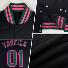 Load image into Gallery viewer, Custom Black Pink-Aqua Bomber Full-Snap Varsity Letterman Jacket