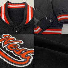 Load image into Gallery viewer, Custom Black Orange-White Bomber Full-Snap Varsity Letterman Jacket