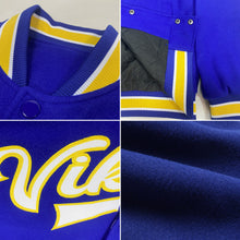 Load image into Gallery viewer, Custom Royal White-Yellow Bomber Full-Snap Varsity Letterman Jacket