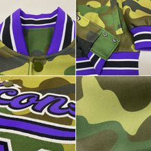 Load image into Gallery viewer, Custom Camo Purple-Black Bomber Full-Snap Varsity Letterman Salute To Service Jacket
