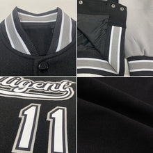 Load image into Gallery viewer, Custom Black White-Gray Bomber Full-Snap Varsity Letterman Two Tone Jacket