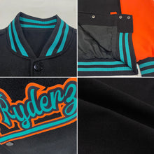 Load image into Gallery viewer, Custom Black Orange-Teal Bomber Full-Snap Varsity Letterman Two Tone Jacket