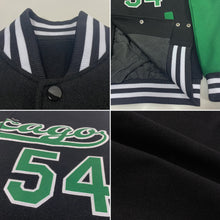 Load image into Gallery viewer, Custom Black Kelly Green-White Bomber Full-Snap Varsity Letterman Two Tone Jacket