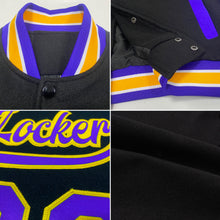 Load image into Gallery viewer, Custom Black Purple-Gold Bomber Full-Snap Varsity Letterman Two Tone Jacket