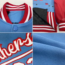 Load image into Gallery viewer, Custom Light Blue White-Red Bomber Full-Snap Varsity Letterman Two Tone Jacket