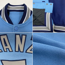 Load image into Gallery viewer, Custom Light Blue Gray-Navy Bomber Full-Snap Varsity Letterman Two Tone Jacket