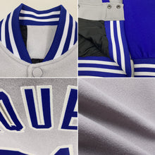 Load image into Gallery viewer, Custom Gray Royal-White Bomber Full-Snap Varsity Letterman Two Tone Jacket