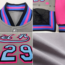Load image into Gallery viewer, Custom Gray Light Blue Black-Pink Bomber Full-Snap Varsity Letterman Two Tone Jacket