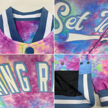 Load image into Gallery viewer, Custom Tie Dye White-Light Blue Rainbow 3D Bomber Full-Snap Varsity Letterman Jacket