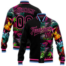Load image into Gallery viewer, Custom Black Pink-Light Blue Hawaii Palm Trees 3D Bomber Full-Snap Varsity Letterman Jacket