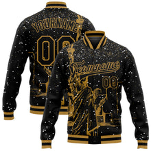 Load image into Gallery viewer, Custom Black Old Gold New York Statue of Liberty 3D Pattern Design Bomber Full-Snap Varsity Letterman Jacket