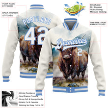 Load image into Gallery viewer, Custom White Light Blue A Bull In Tropical Exotic Jungle 3D Pattern Design Bomber Full-Snap Varsity Letterman Jacket