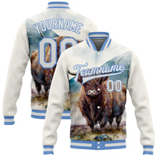 Load image into Gallery viewer, Custom White Light Blue A Bull In Tropical Exotic Jungle 3D Pattern Design Bomber Full-Snap Varsity Letterman Jacket