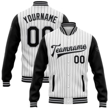 Load image into Gallery viewer, Custom White Black Pinstripe Gray Bomber Full-Snap Varsity Letterman Two Tone Jacket